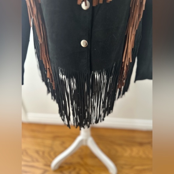 Vtg Leather Gallery Black Suede & Leather Jacket Fringe Faux Bone Beads - Picture 6 of 7